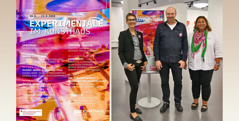 Frank Baquet, Leiter des Kunsthauses Troisdorf (Mitte), Stiftungsmanagerin der KSK Kirsten Felgner (links) und Filialdirektorin Andrea Fuisting (rechts) .