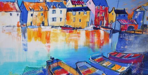 Farbenfroh präsentiert die in Windeck-Herchen lebende Künstlerin Sabine Hilscher eine Bucht in Wales. Dieses Gemälde und viele weitere hängen noch bis zum 15. Januar 2021 in der Galerie der Stadtwerke Troisdorf.     